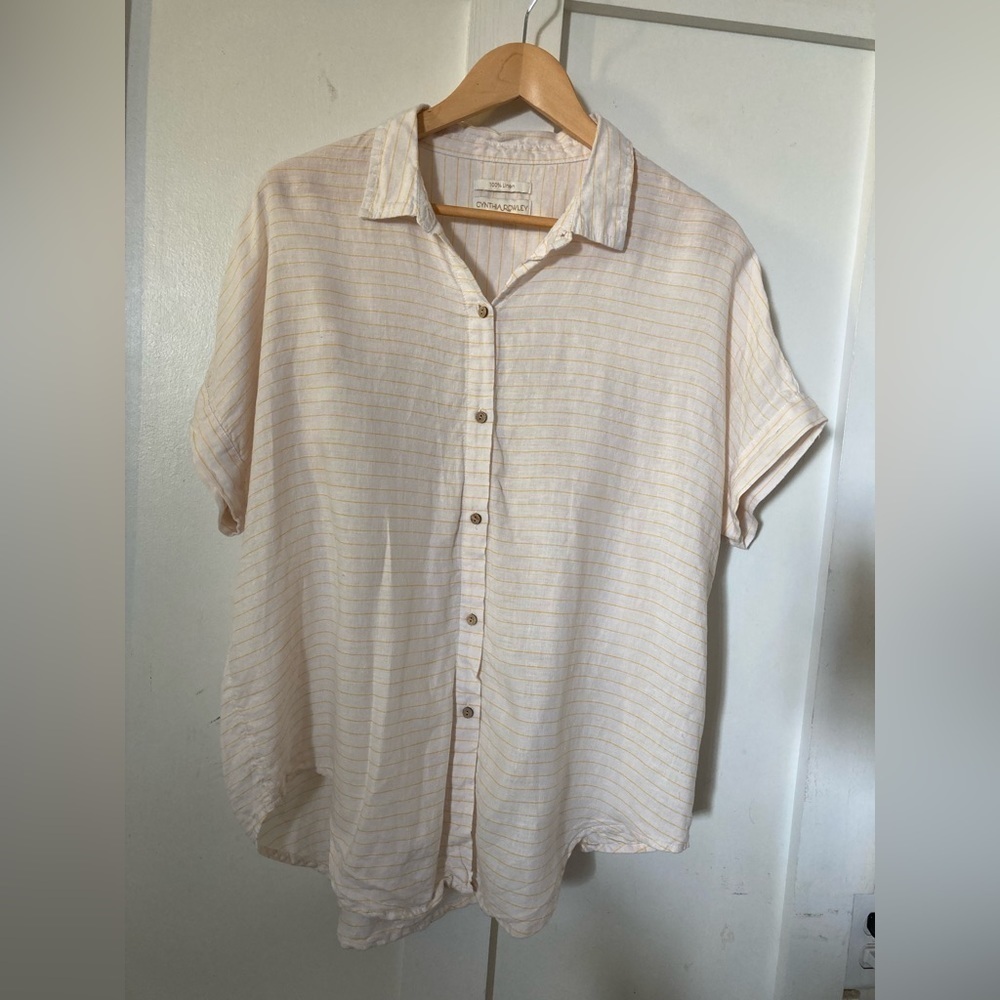 CYNTHIA Rowley 100% linen button down blouse striped wooden buttons dolman